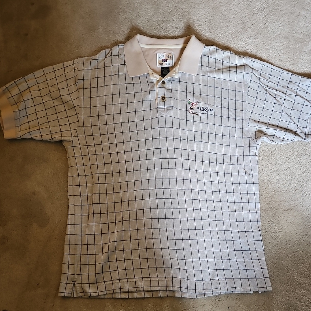 BCOpen Cutter & Buck Cream and Blue Grid Polo Shirt